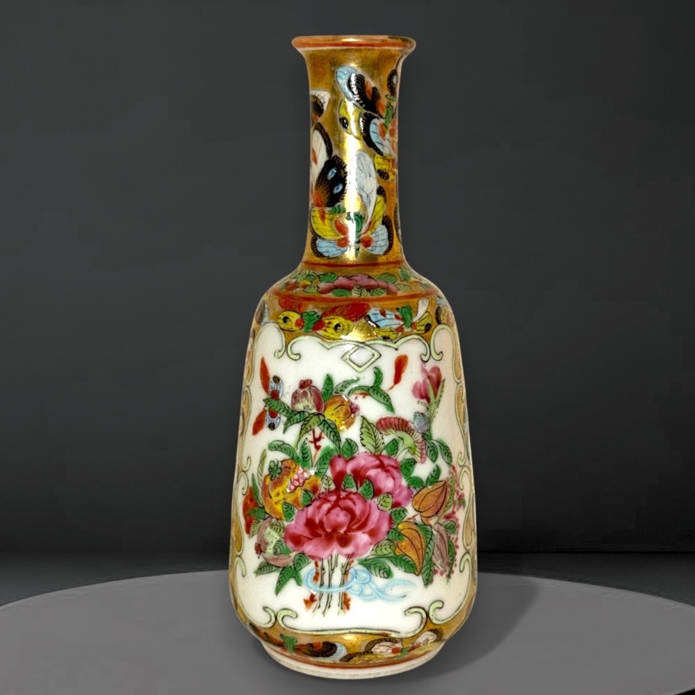 Vintage Chinese Rose Medallion Gilt Vase w/ Handpainted Flowers & Butterflies 6"